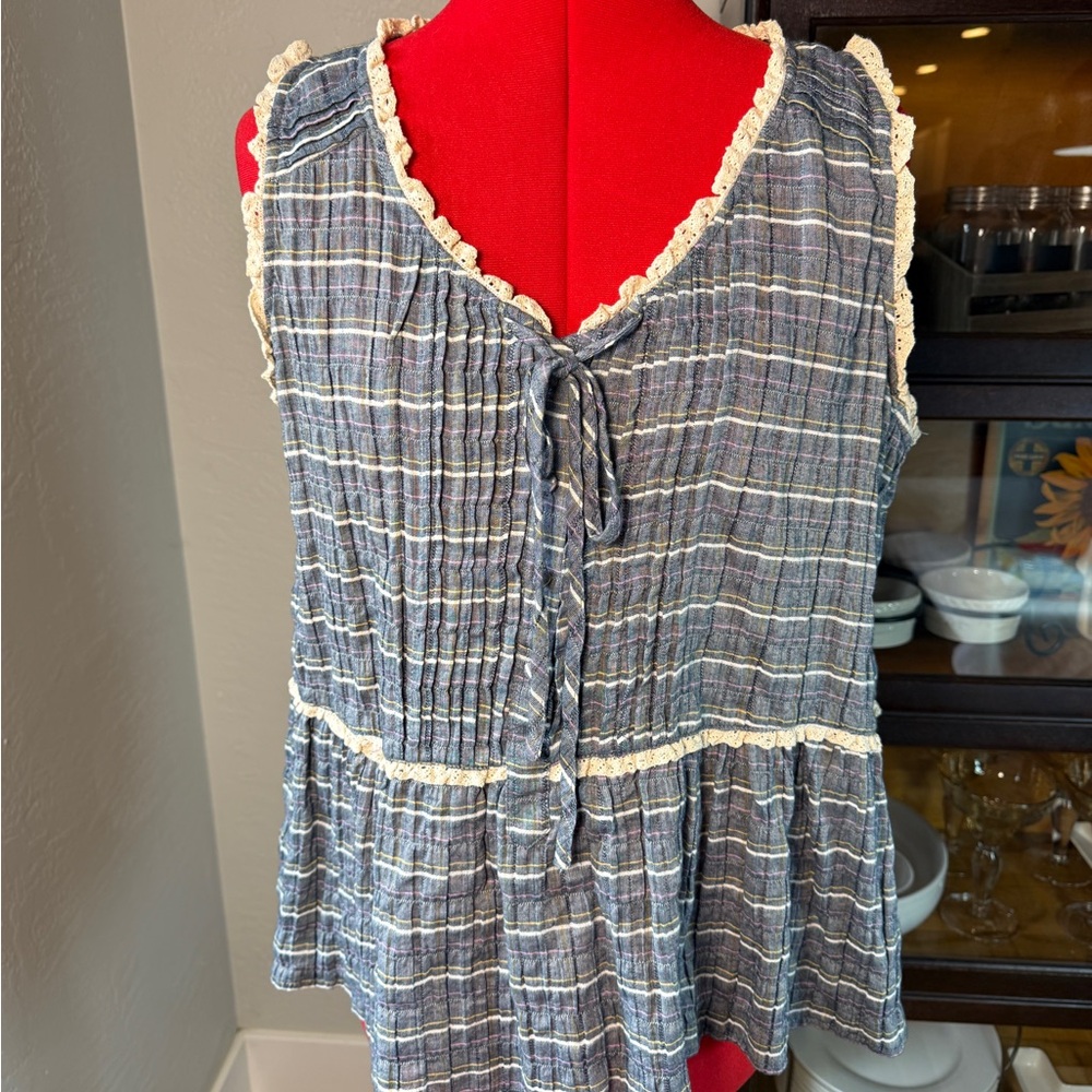 POL Plaid Sleeveless Peplum Boho Cottagecore Ruffle Trim Lace Detail Top Size L